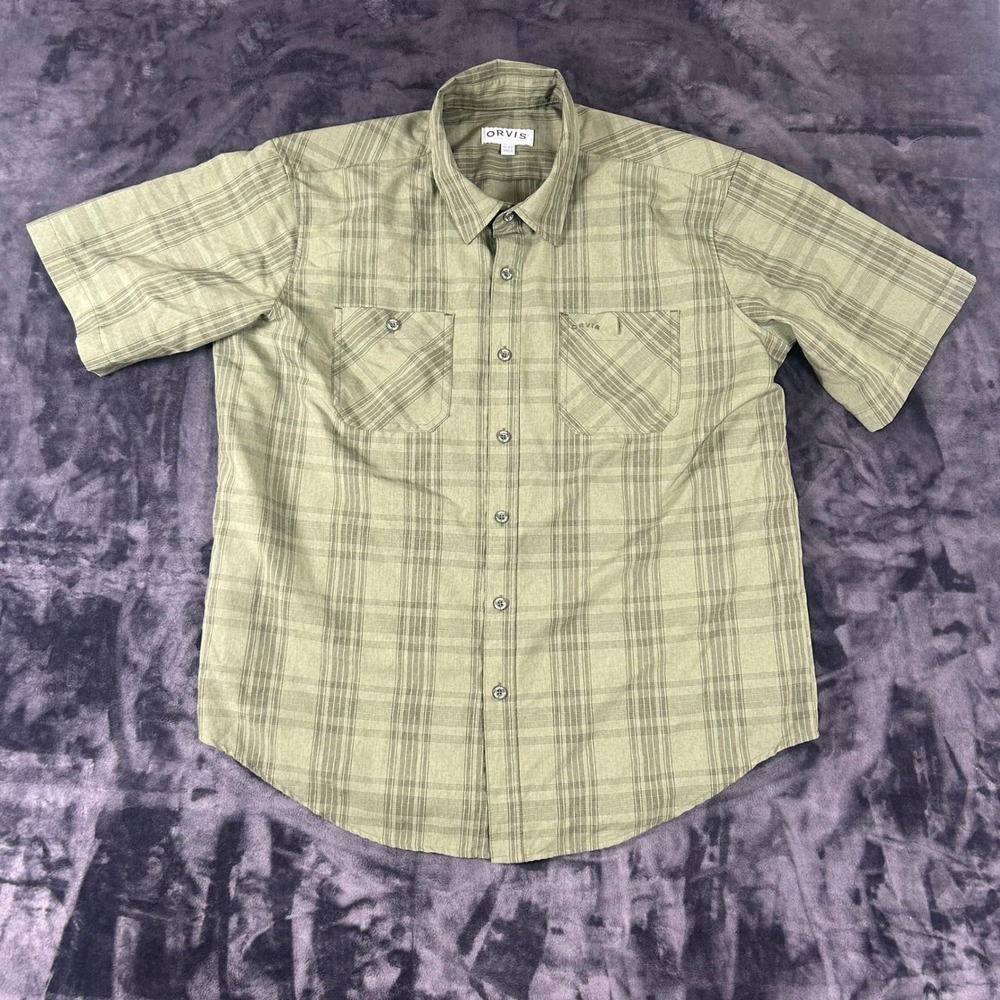 Orvis Button Down Shirt Mens XL Green‎ Plaid Short Sleeve Polyester Utility